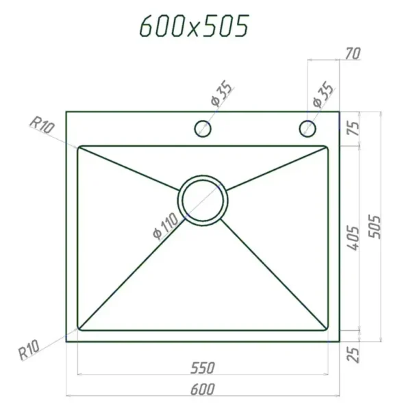 Кухонная мойка VANS 600x505x200 мм Black DECOR