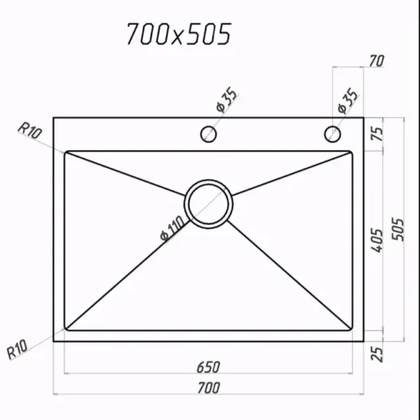 Кухонная мойка VANS 700x505x200 мм Black DECOR