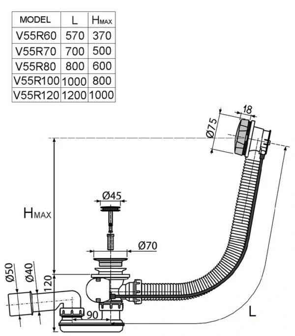 Сифон для ванны  п/автомат Vega V55R 70см эко (белый шагрень)