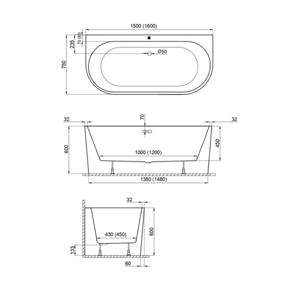 Акриловая ванна Polimat Sola 150x75 пристенная, белый