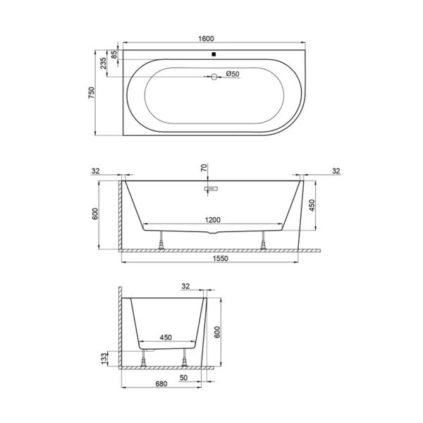 Акриловая ванна Polimat Sola 160x75 L, пристенная угловая левая, белый