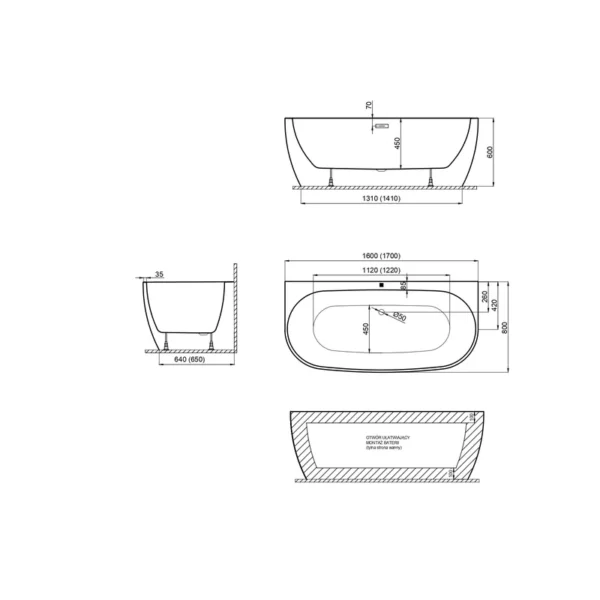 Акриловая ванна Polimat Risa 170x80 пристенная, белый