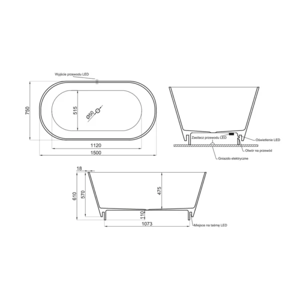 Ванна из искусственного камня Polimat Ida 150x75 отдельностоящая, белый